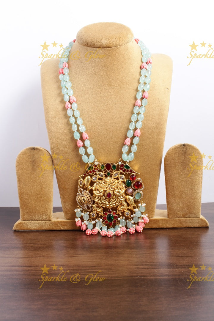 Beautiful light blue and pink beads Jadau pendnet chain