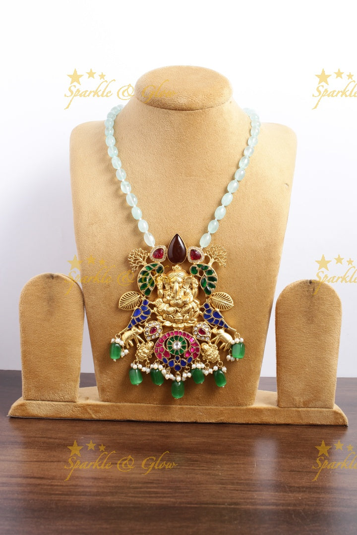 Beautiful light blue and Green beads Jadau Ganesha pendnet chain