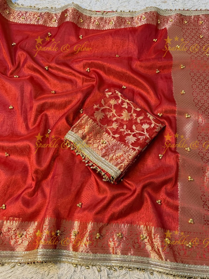 Exquisite Banarasi Tissue Organza Saree with Ghungroo