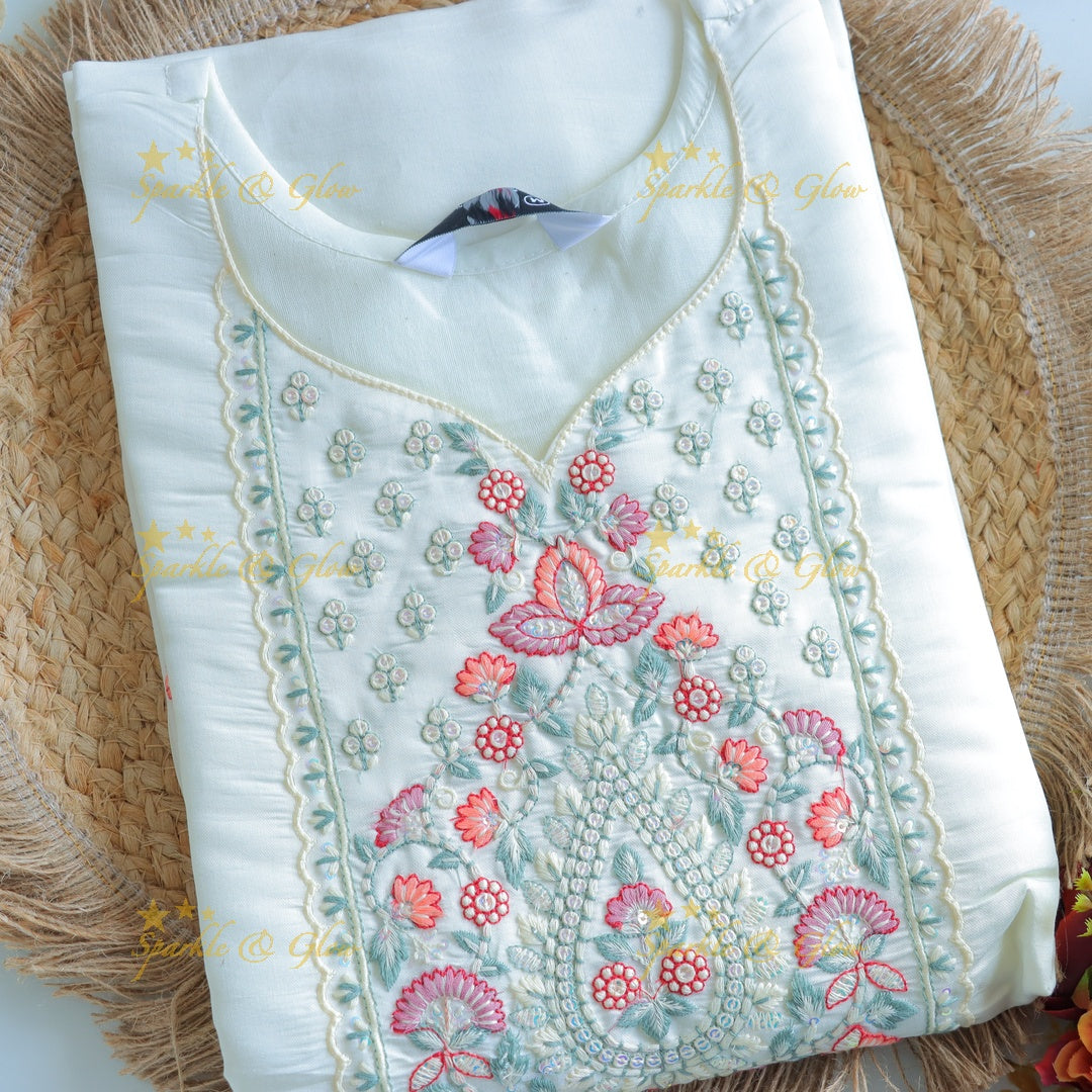 Beautiful Modal Silk Kurti pant with Organza Dupatta set- White