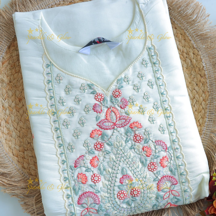 Beautiful Modal Silk Kurti pant with Organza Dupatta set- White