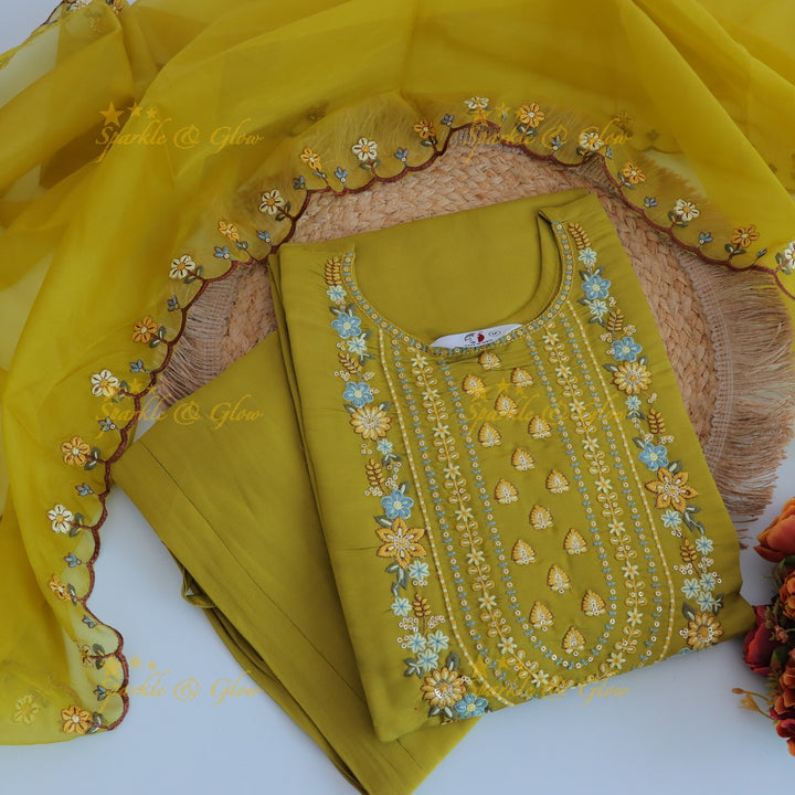 Beautiful Modal Silk Kurti pant with Organza Dupatta set- Mustard Yellow