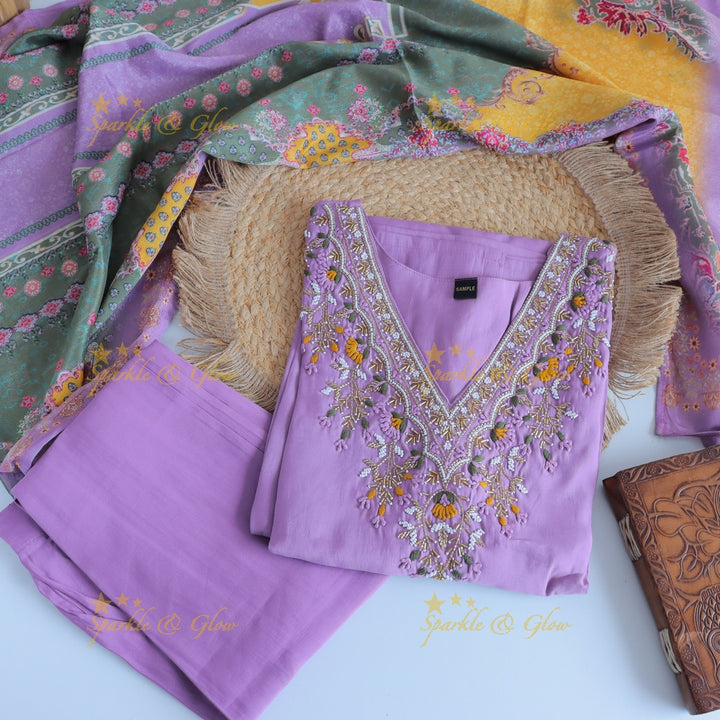 Stunning Modal Silk Kurti pant with digital Print Dupatta set - Lavender