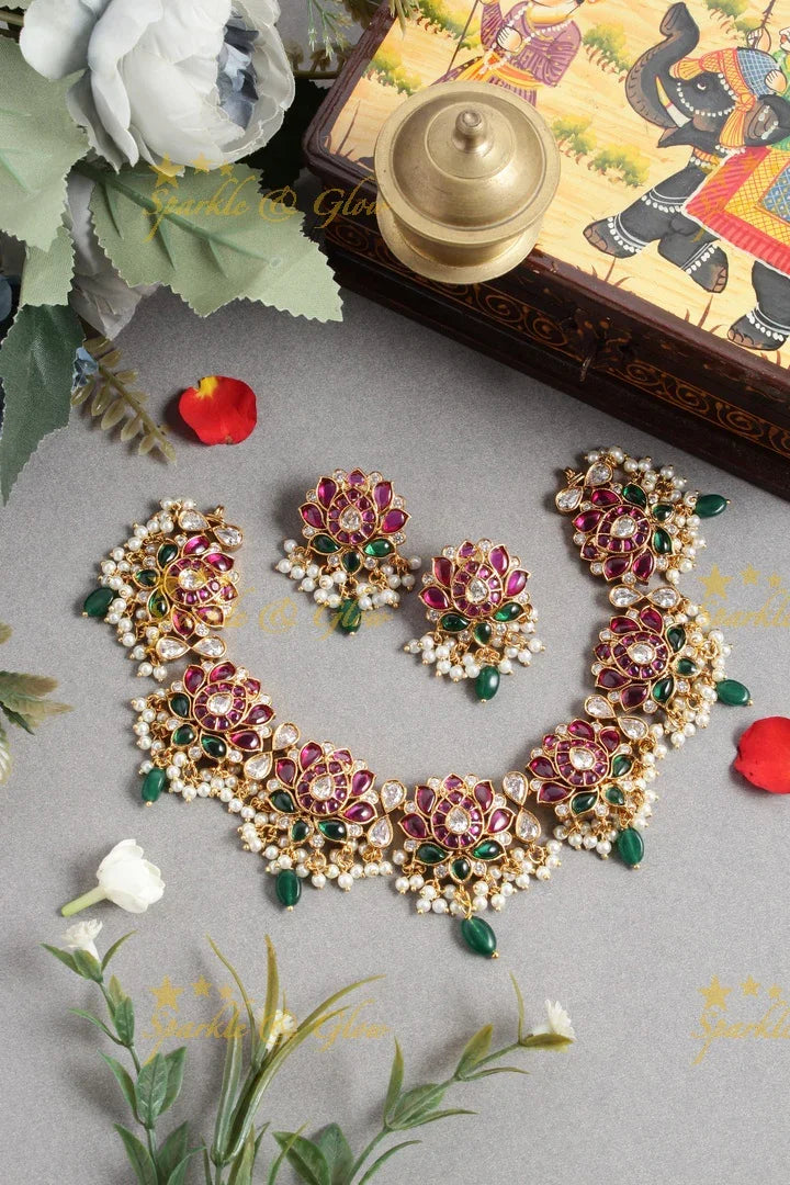 Beautiful jadau replica Lotus guttapusalu necklace with green beads - Sparkle and Glow