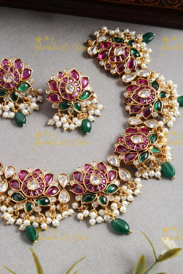 Beautiful jadau replica Lotus guttapusalu necklace with green beads - Sparkle and Glow