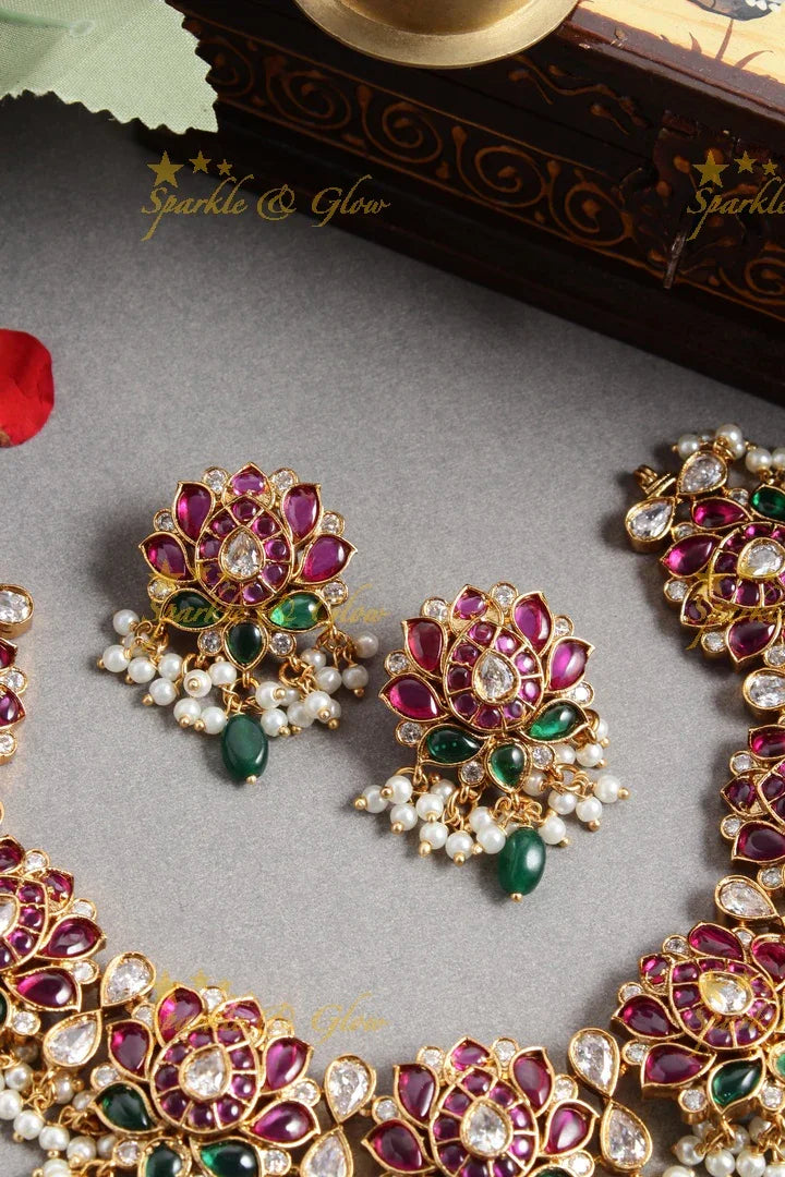 Beautiful jadau replica Lotus guttapusalu necklace with green beads - Sparkle and Glow