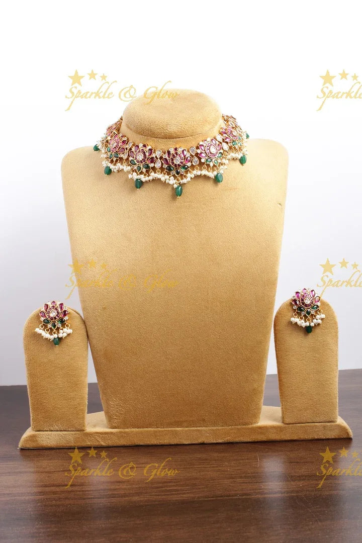 Beautiful jadau replica Lotus guttapusalu necklace with green beads - Sparkle and Glow