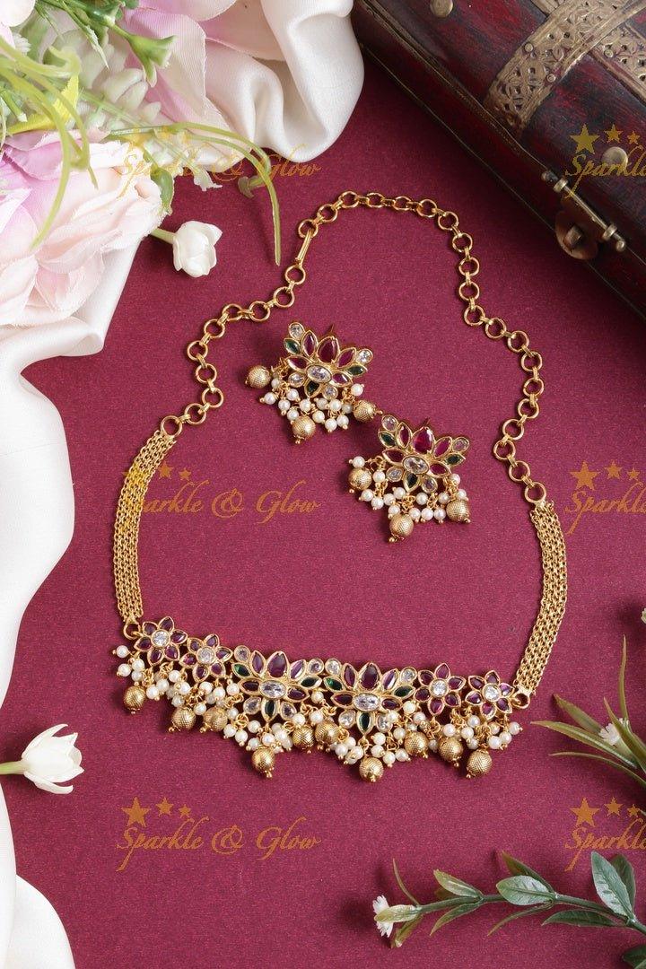 Lotus gold alike choker with gold beads - Multi - Sparkle and Glow
