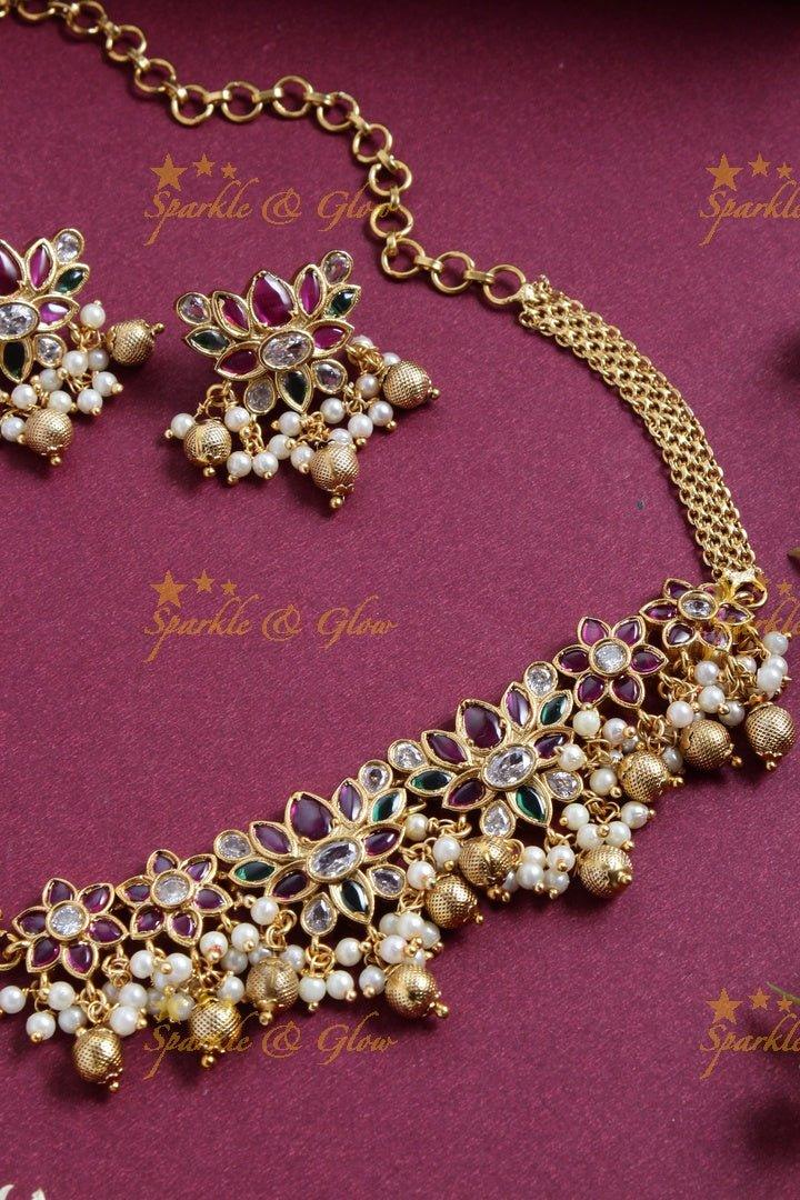 Lotus gold alike choker with gold beads - Multi - Sparkle and Glow