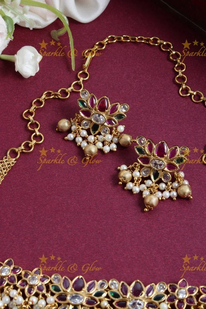 Lotus gold alike choker with gold beads - Multi - Sparkle and Glow