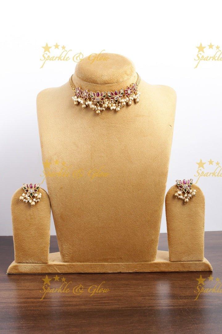 Lotus gold alike choker with gold beads - Multi - Sparkle and Glow