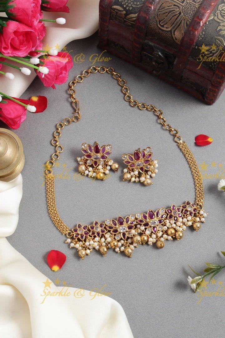 Lotus gold alike choker with gold beads - Multi - Sparkle and Glow