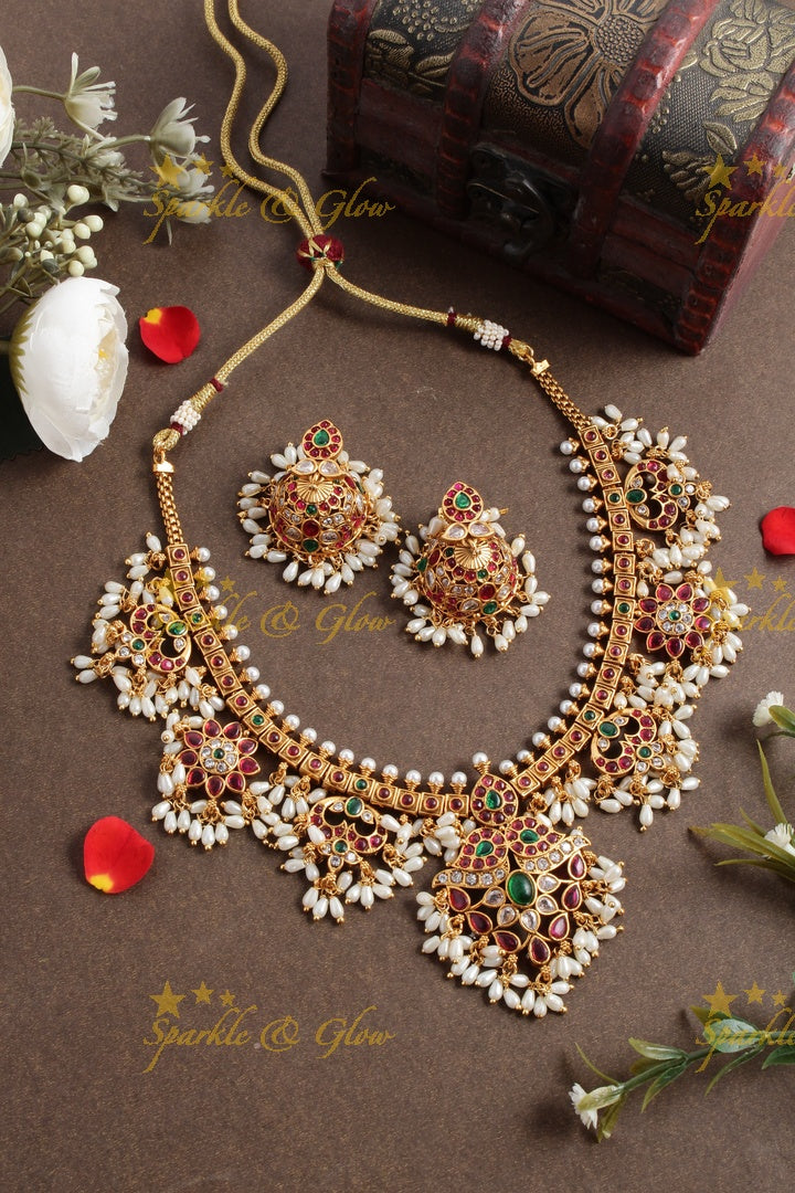 Beautiful floral premium matte rice pearl gutta pusalu necklace