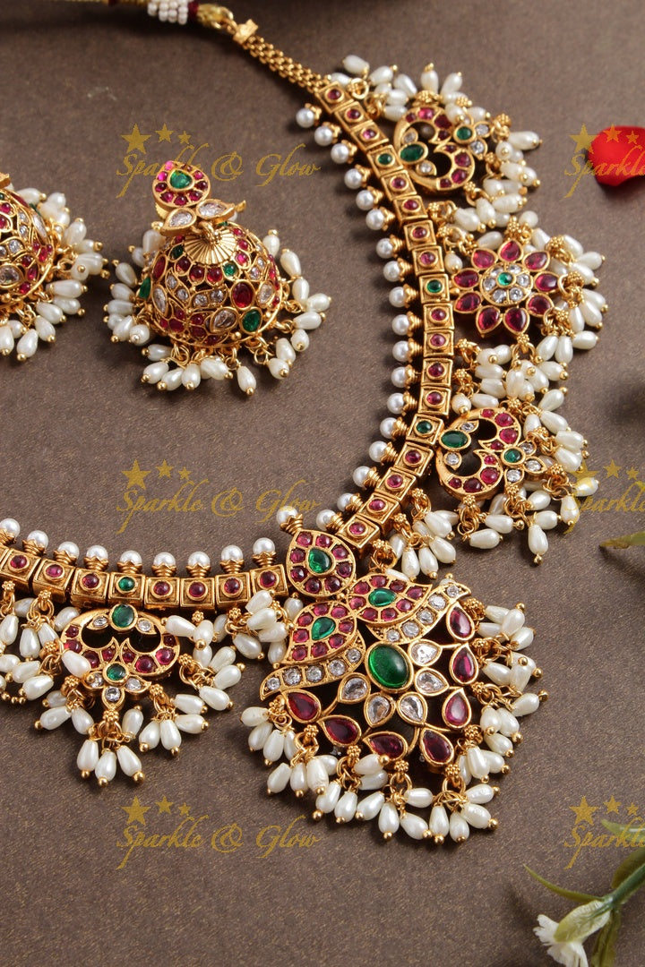 Beautiful floral premium matte rice pearl gutta pusalu necklace