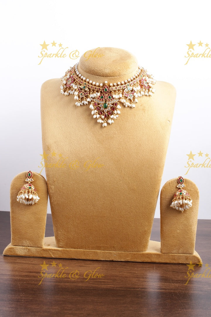 Beautiful floral premium matte rice pearl gutta pusalu necklace