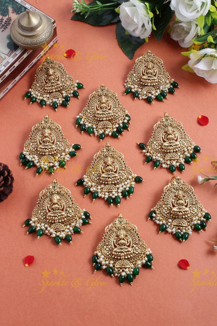 Gold alike Lakshmi jada billa set of 9 pcs with green beads - Sparkle and Glow