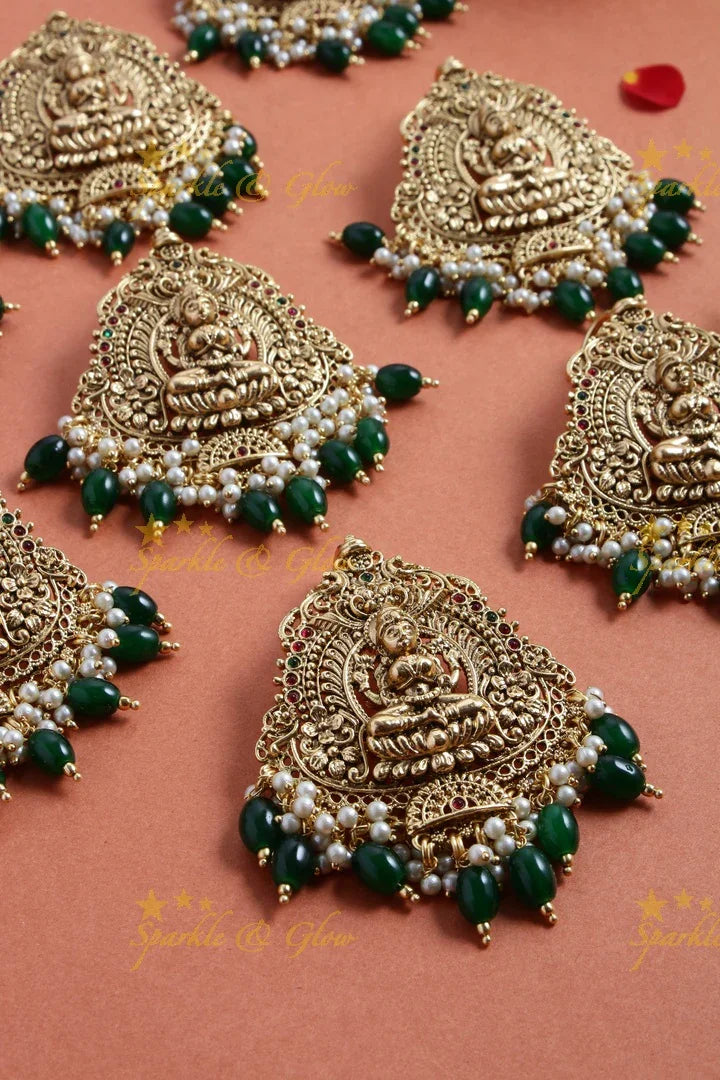 Gold alike Lakshmi jada billa set of 9 pcs with green beads - Sparkle and Glow
