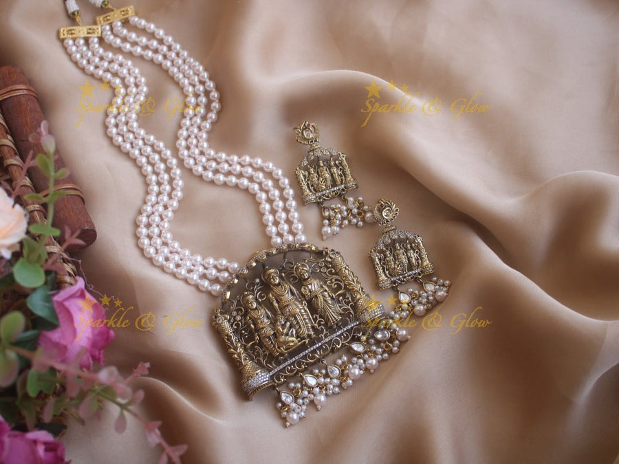 Victorian Rama parivara beaded haram - Pearl - Sparkle and Glow - Light Green - Back Thread