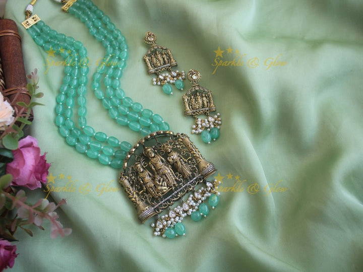 Victorian Rama parivara beaded haram - Pearl - Sparkle and Glow - Light Green - Back Thread
