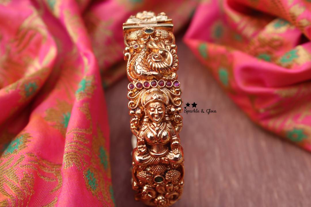 Gold alike polished intricate peacock and lakshmi design bangle 1 pc