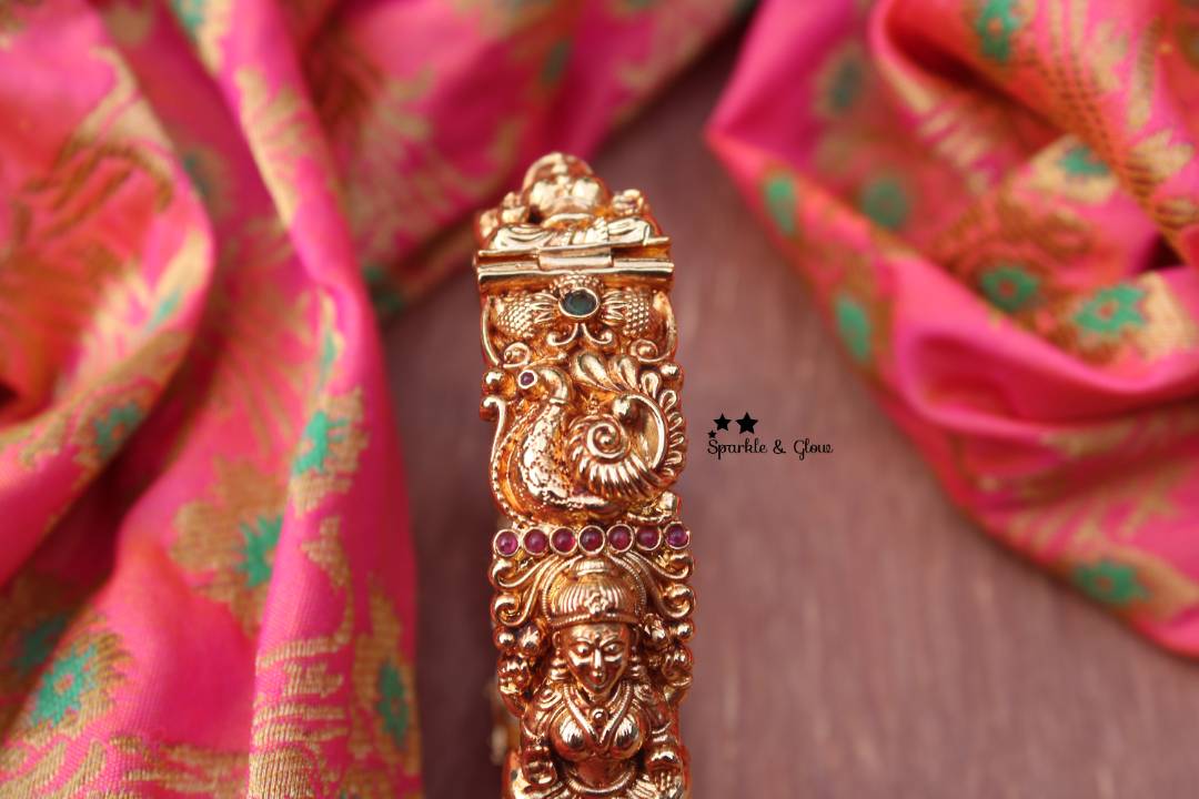 Gold alike polished intricate peacock and lakshmi design bangle 1 pc