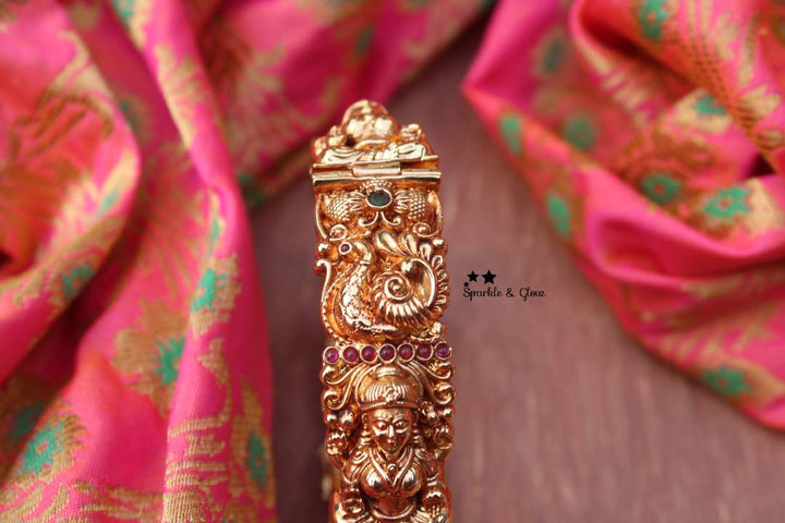 Gold alike polished intricate peacock and lakshmi design bangle 1 pc