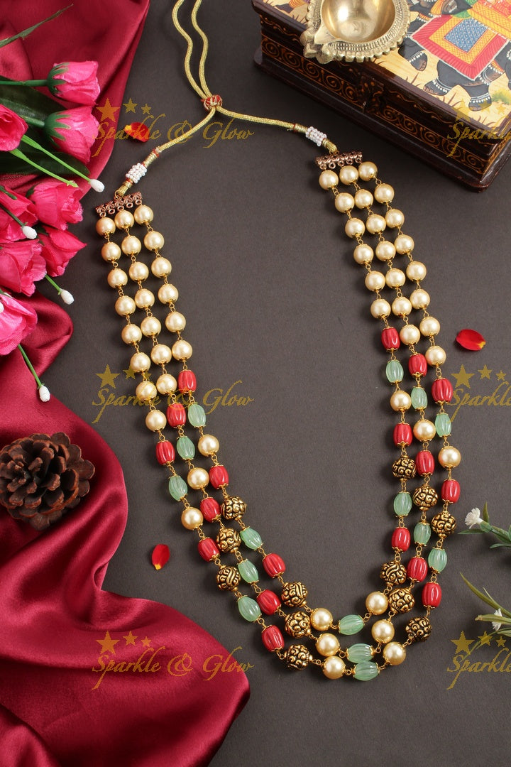 Statement Pearl coral mint green beads three layer chain