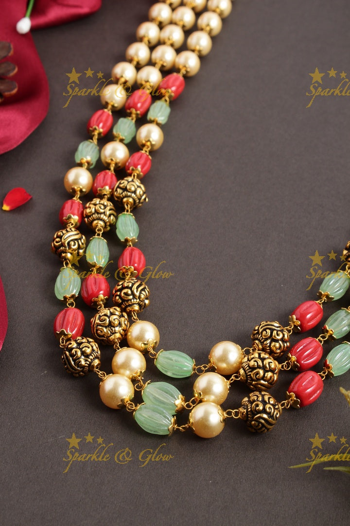 Statement Pearl coral mint green beads three layer chain