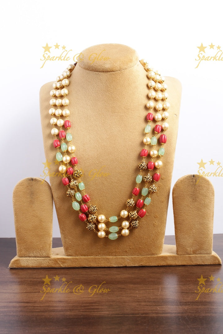 Statement Pearl coral mint green beads three layer chain