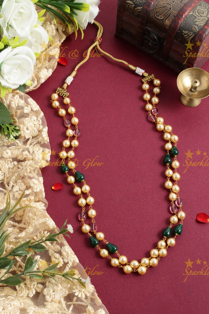 Statement Pearl Green Pink beads two layer chain