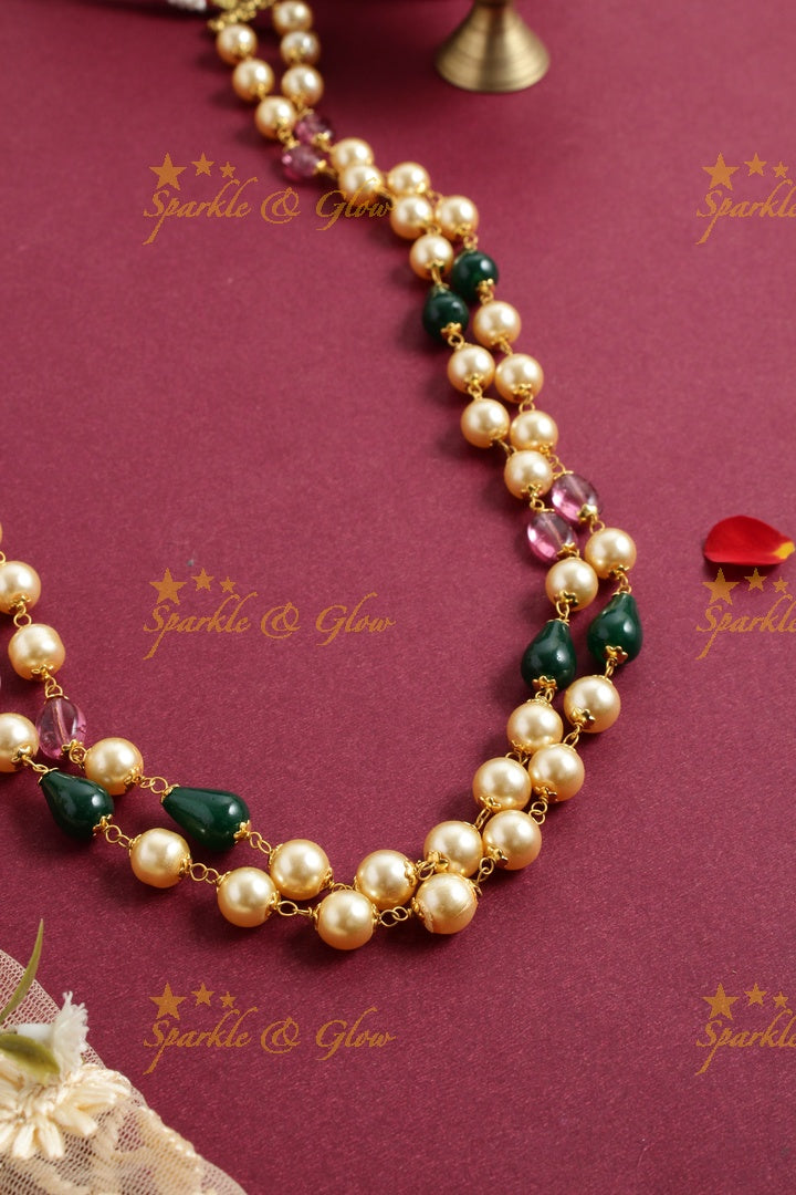 Statement Pearl Green Pink beads two layer chain