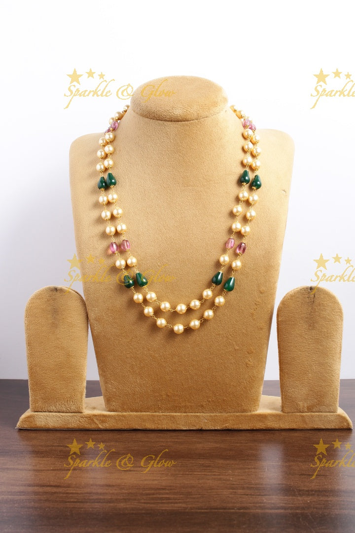 Statement Pearl Green Pink beads two layer chain