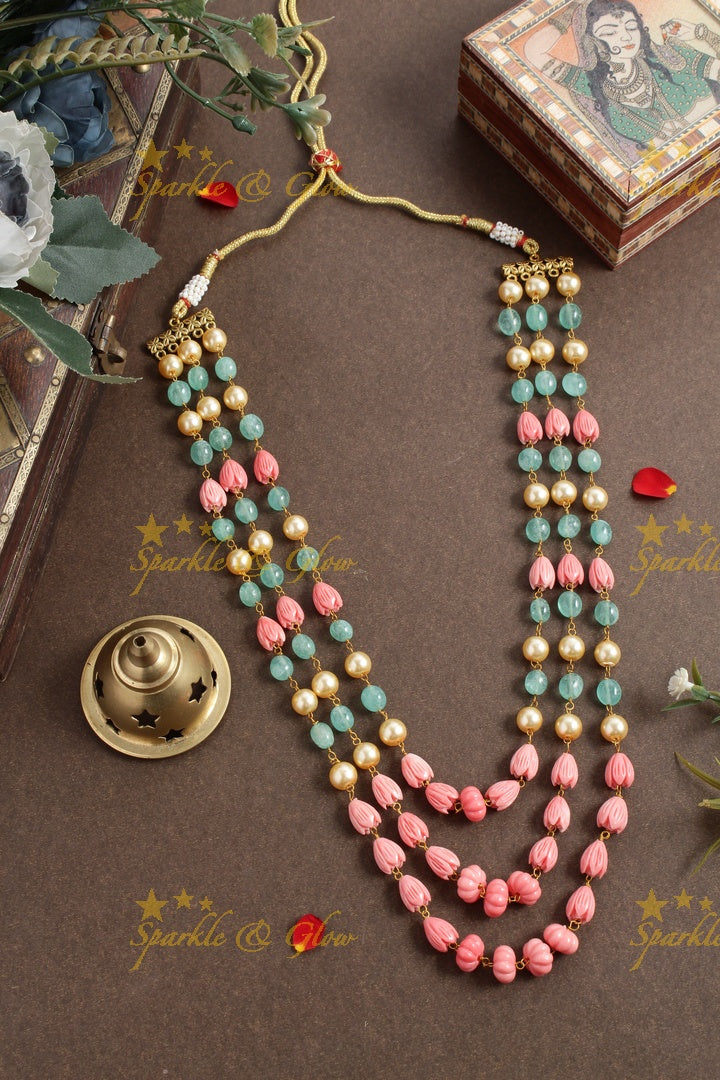 Statement Pearl Light Blue Pink beads three layer chain