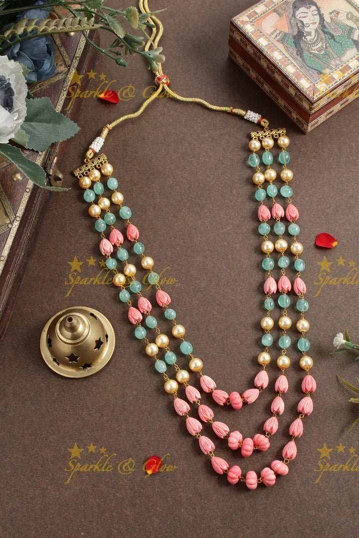 Statement Pearl Light Blue Pink beads three layer chain - Sparkle and Glow