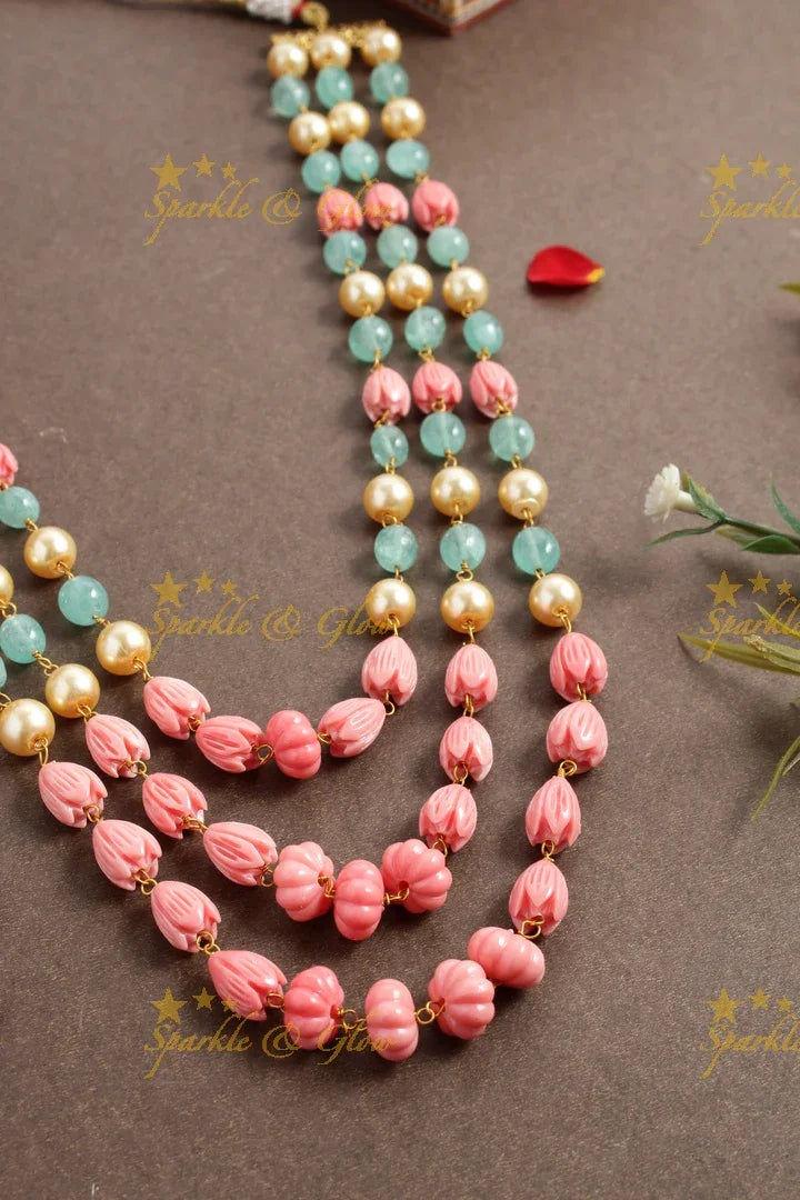 Statement Pearl Light Blue Pink beads three layer chain - Sparkle and Glow