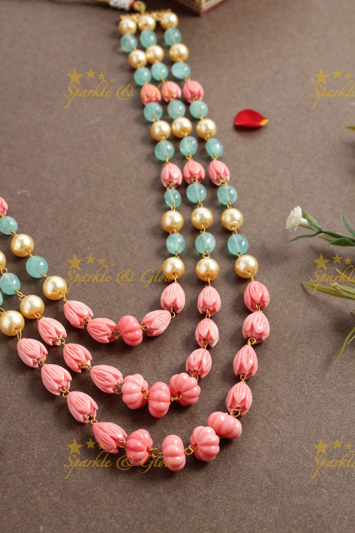 Statement Pearl Light Blue Pink beads three layer chain