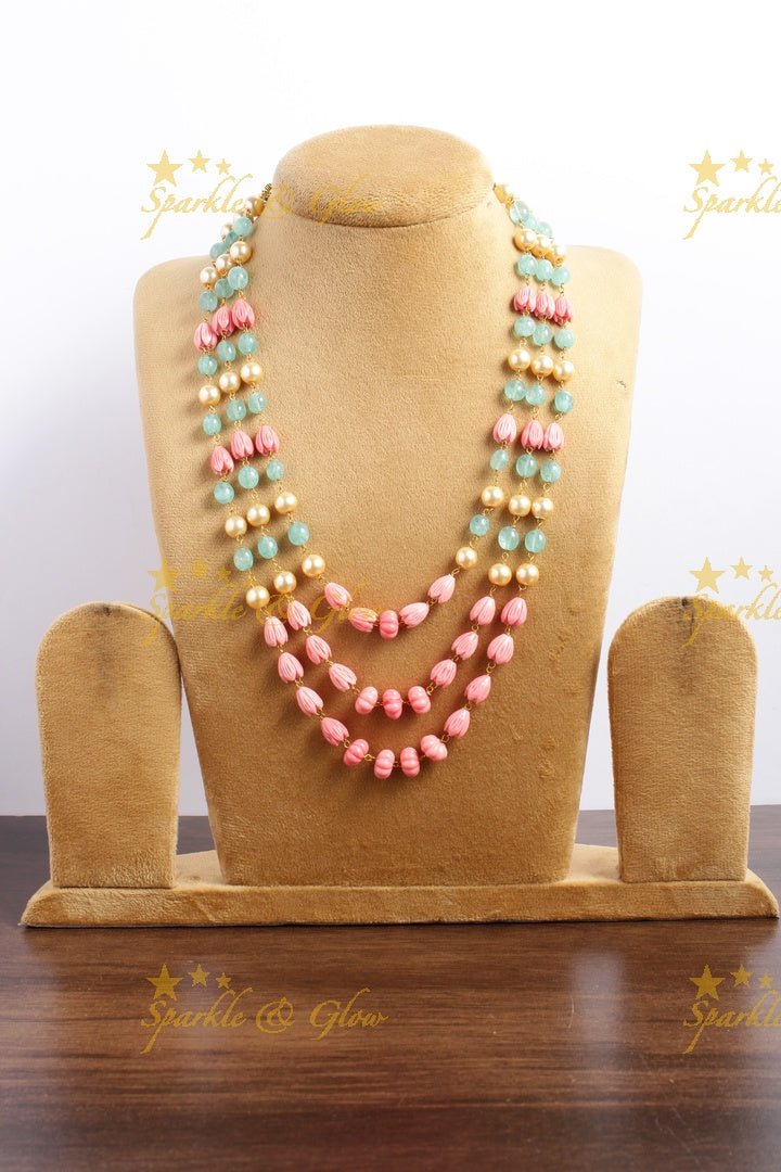 Statement Pearl Light Blue Pink beads three layer chain