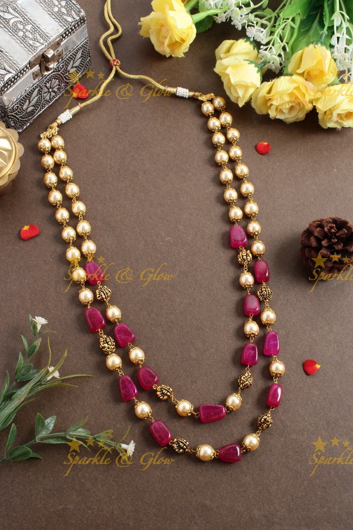 Statement Pearl Gold Pink beads two layer chain