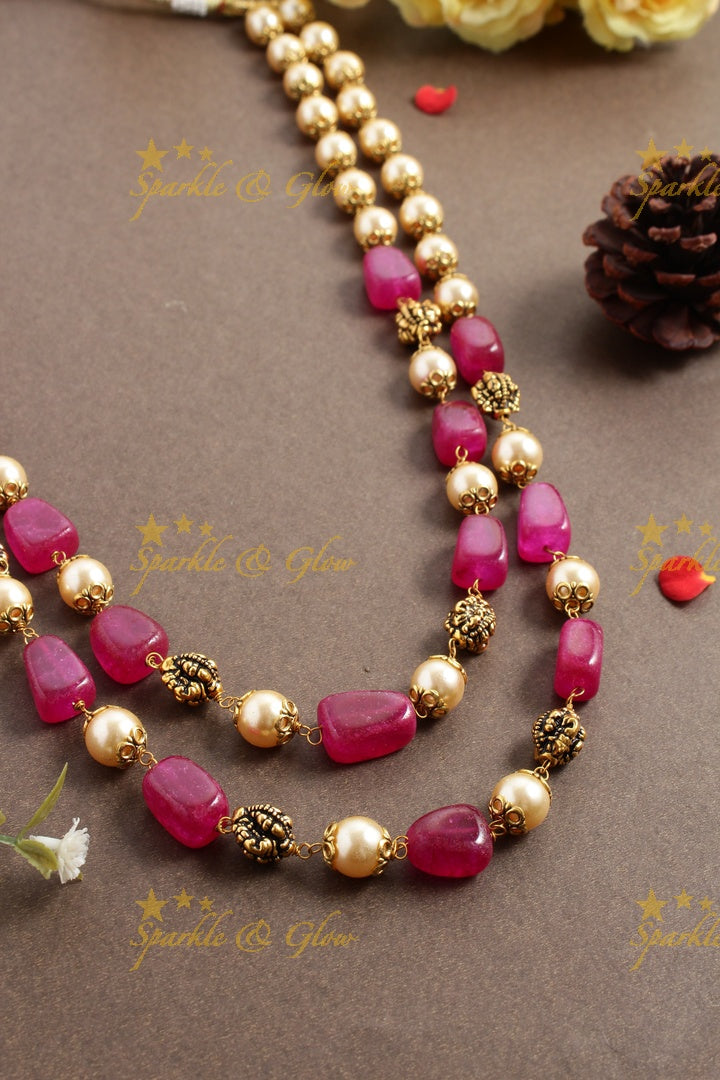 Statement Pearl Gold Pink beads two layer chain