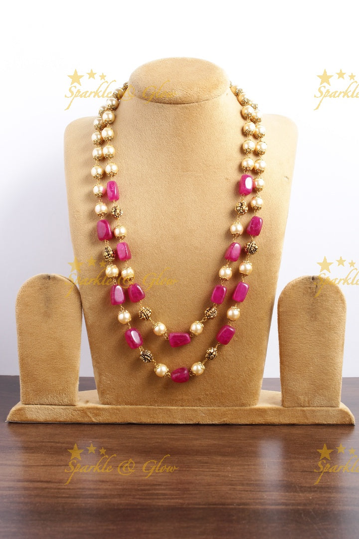 Statement Pearl Gold Pink beads two layer chain