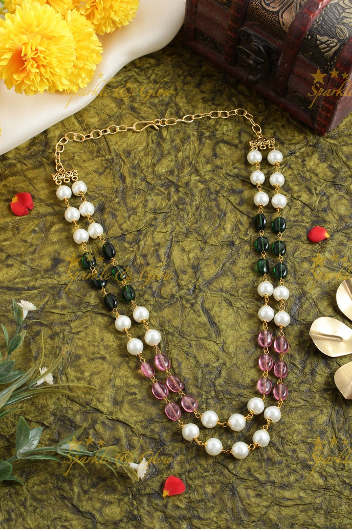 Statement Pearl Green Pink beads two layer chain