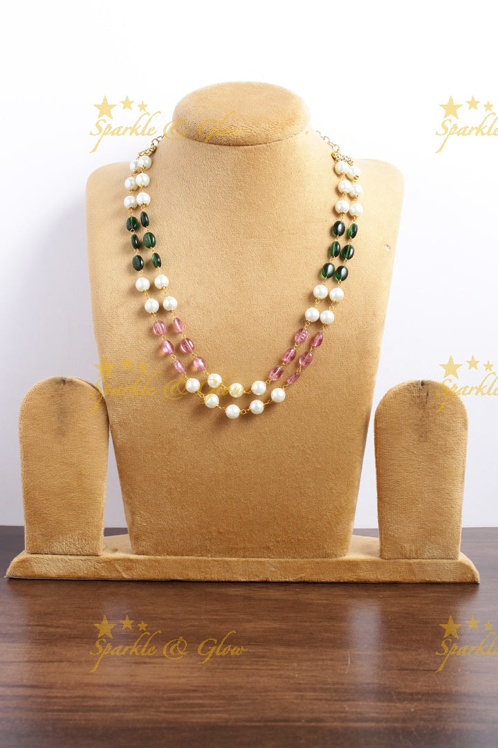 Statement Pearl Green Pink beads two layer chain