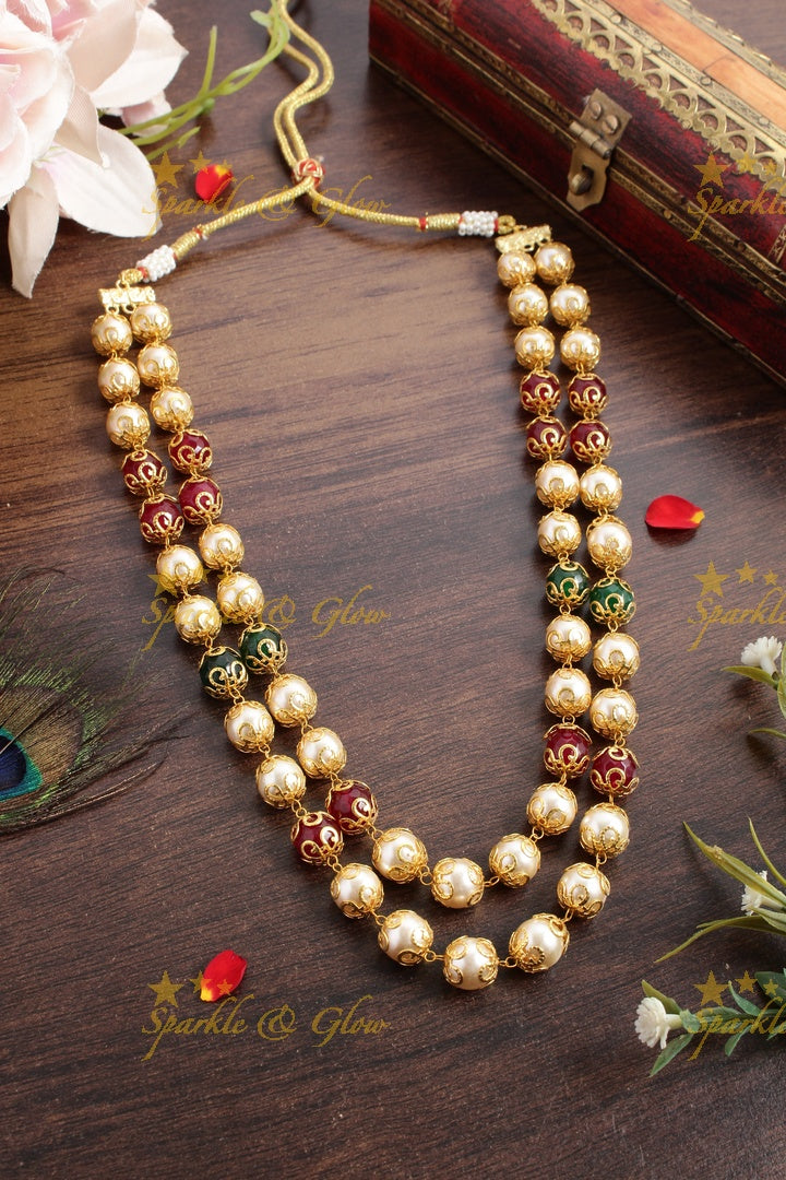 Statement Pearl Green Pink beads two layer chain