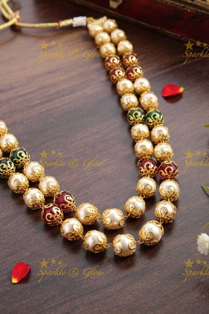 Statement Pearl Green Pink beads two layer chain