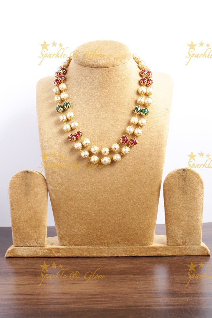 Statement Pearl Green Pink beads two layer chain