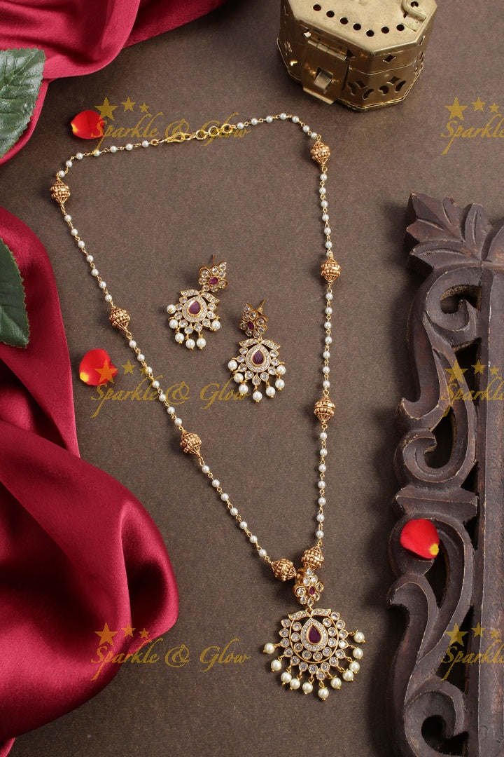 Statement Pearl cz floral pendent chain set