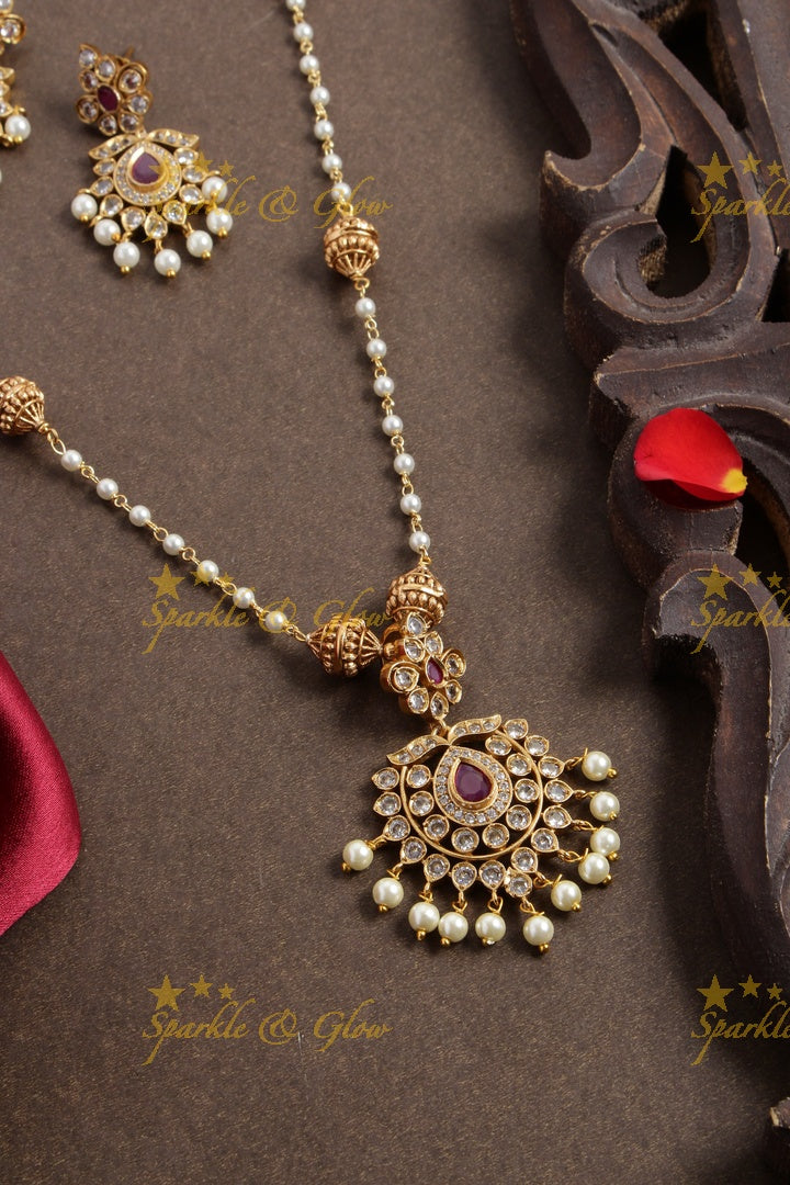 Statement Pearl cz floral pendent chain set