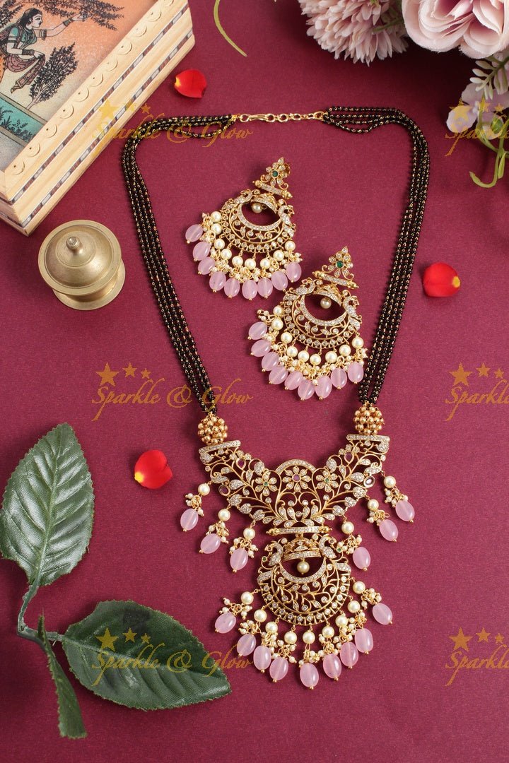 Statement non idol pendent black beads chain set with pink beads - Sparkle and Glow - Green - Back Thread