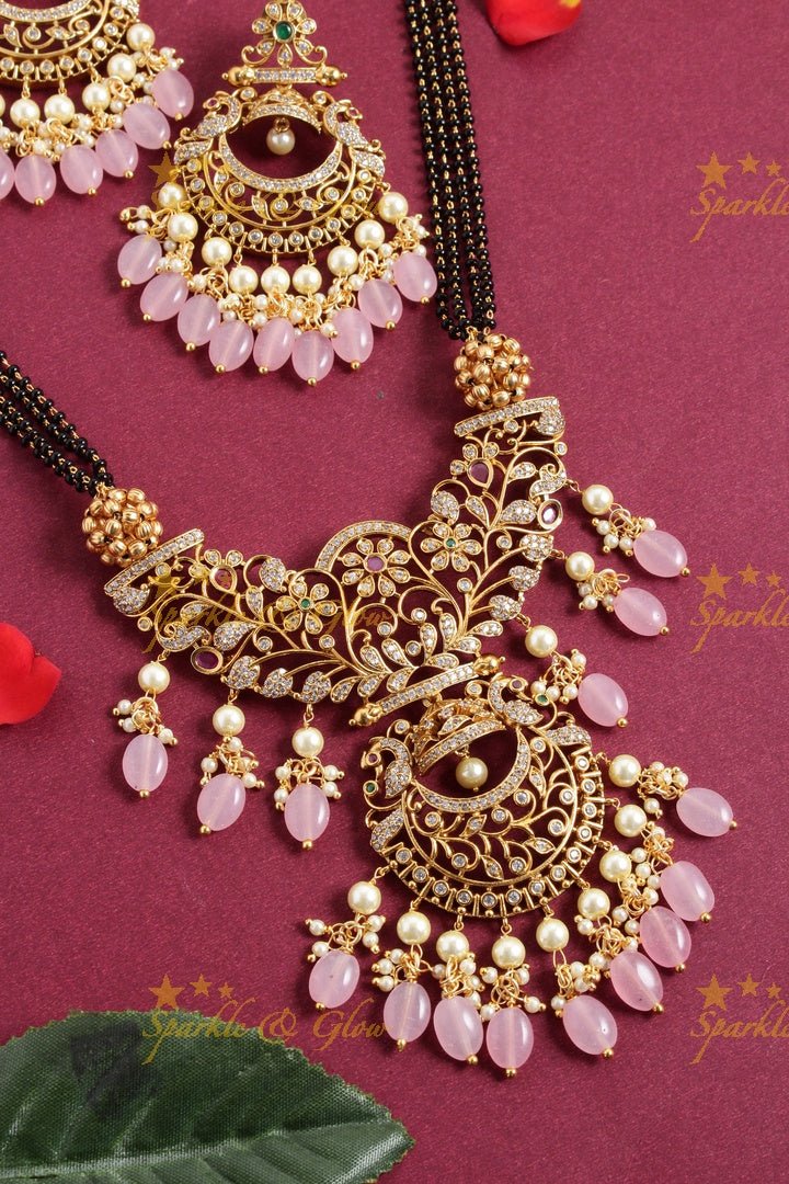 Statement non idol pendent black beads chain set with pink beads - Sparkle and Glow - Pink - Back Thread