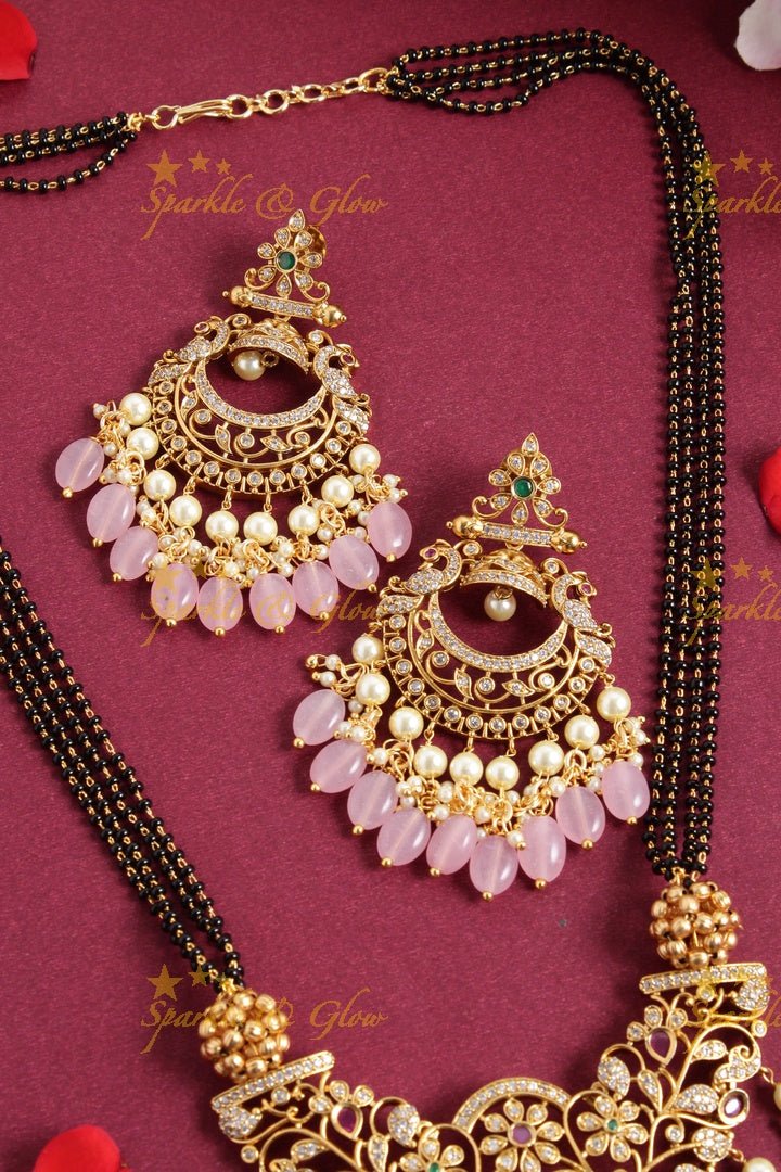 Statement non idol pendent black beads chain set with pink beads - Sparkle and Glow - Pink - Back Thread